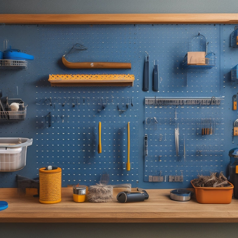 A tidy pegboard with various tools and accessories organized in a harmonious arrangement, showcasing hooks, bins, and holders in a sleek, modern workshop setting with a subtle wooden backdrop.