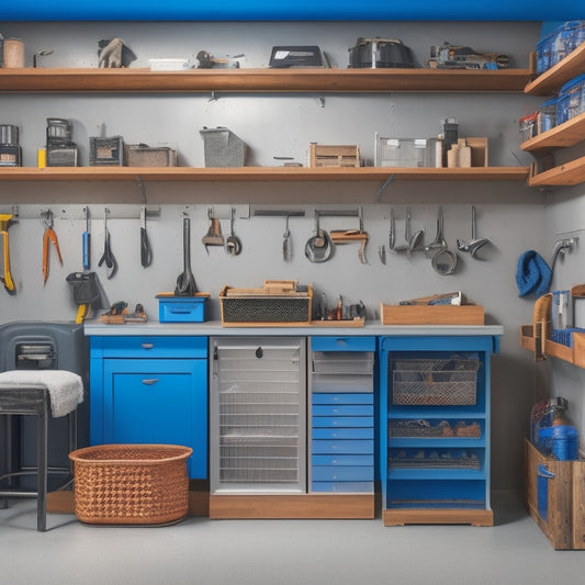 A well-organized garage with a pegboard on the back wall, holding various tools and accessories, adjacent to a rolling cabinet with drawers and a workbench with a vice in the center.