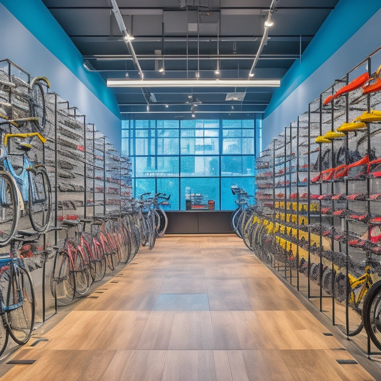 A clutter-free, modern bike shop interior with rows of sleek, shiny bicycles, and a prominent wall display featuring an assortment of colorful, high-quality tires of various sizes and tread patterns.