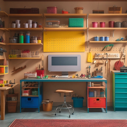 A colorful, well-lit workshop with organized shelves, labeled bins, and a tidy workbench, featuring a pegboard with hanging tools, a rotating craft supply carousel, and a minimalist desk with a single, focused task.