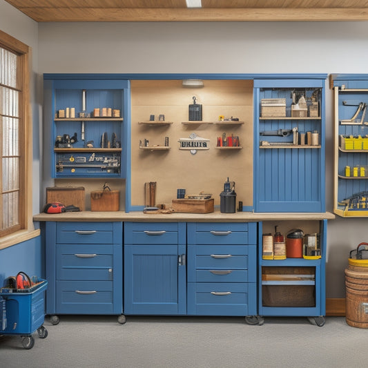 A well-organized garage with three-tiered tool chests, a wall-mounted cabinet with transparent doors, and a rolling chest with labeled drawers, surrounded by neatly hung tools and a tidy workbench.