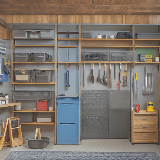 A clutter-free tool storage shed with slotted walls, hooks, and bins, featuring a pegboard with organized hand tools, a shelved workbench, and a compact rolling cabinet with labeled drawers.