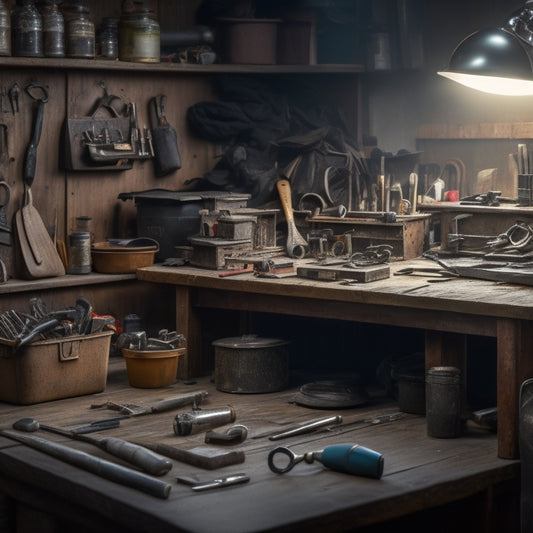 A cluttered workshop bench with scattered tools and materials, contrasting with a tidy, organized toolbox in the background, filled with neatly arranged, high-quality accessories and precision instruments.