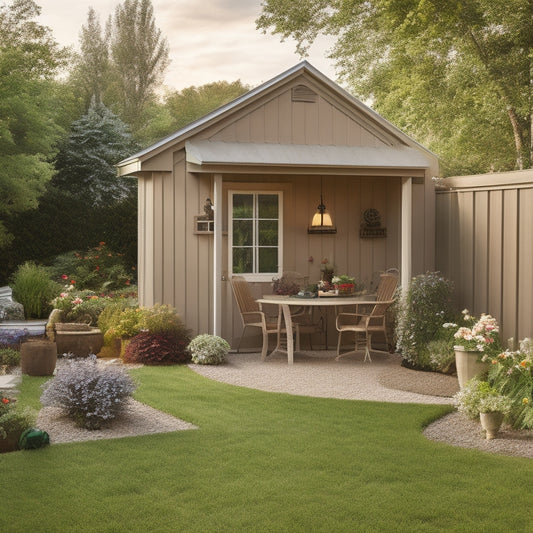 A serene backyard scene featuring a Lifetime shed with a rustic brown roof, cream-colored walls, and sleek silver hardware, surrounded by lush greenery and a few outdoor decorative items.