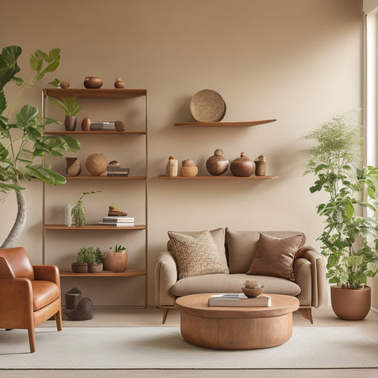 A minimalist living room with a floor-to-ceiling, curved wooden shelf in a warm walnut tone, adorned with potted plants, sculptures, and leather-bound books, set against a soft, creamy beige wall.