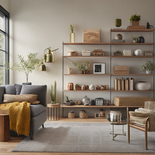 A modern living room with a partially built custom shelving unit, featuring wooden planks, metal brackets, and decorative vases, surrounded by design plans, pencils, and a measuring tape.