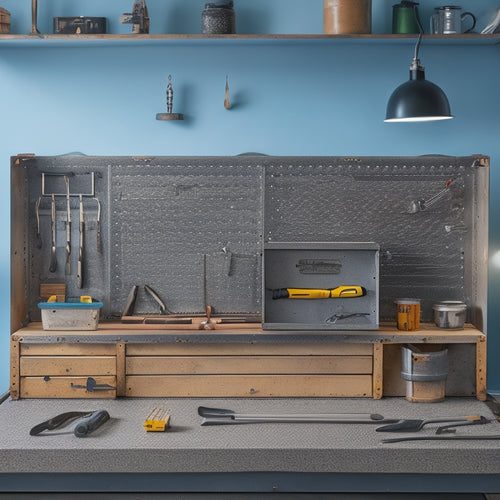 A clutter-free workshop with a metal tool box featuring a pegboard on the back, holding neatly organized tools, against a light-gray background, with a subtle shadow of a workbench in the distance.