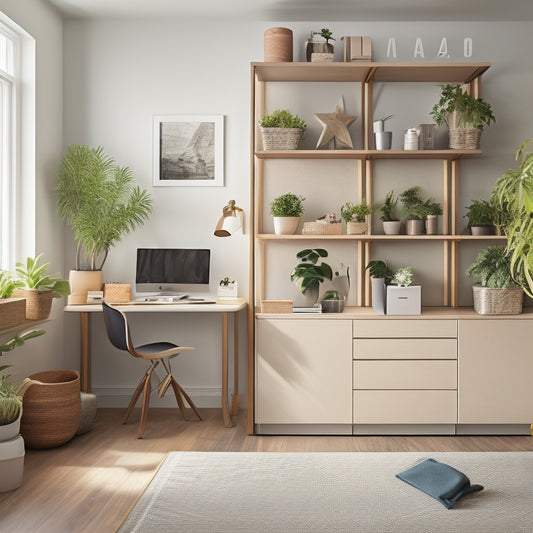 A minimalist, light-filled studio apartment with a murphy bed, a compact desk, and a storage ottoman, surrounded by neatly labeled storage bins and baskets, with a few potted plants on a shelf.