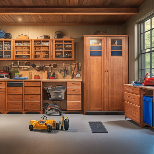 A well-organized garage with various types of wood cabinets in different styles and finishes, showcasing open shelves, closed doors, and drawer pulls, amidst tools and sports equipment, with a few cars in the background.