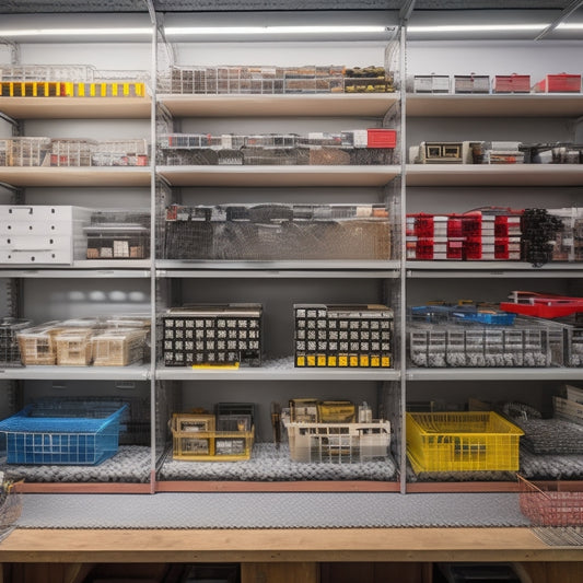 A tidy workshop with rows of labeled, transparent small parts bins on shelves, each containing neatly organized fasteners, screws, or other tiny components, with a few bins slightly ajar.