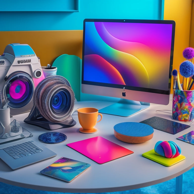 A colorful, futuristic desk setup with a laptop displaying a vibrant, swirling AI-generated art piece, surrounded by sublimation coasters in various shapes and sizes, with a few coasters in mid-air.