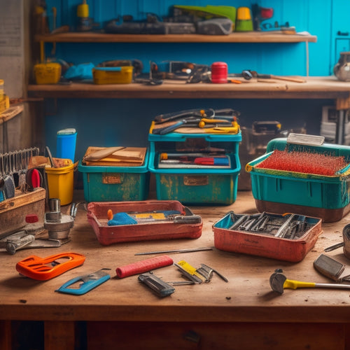 A cluttered workbench with various DIY tools and parts, surrounded by three to five small plastic toolboxes of different sizes and colors, with some tools spilling out of open lids.