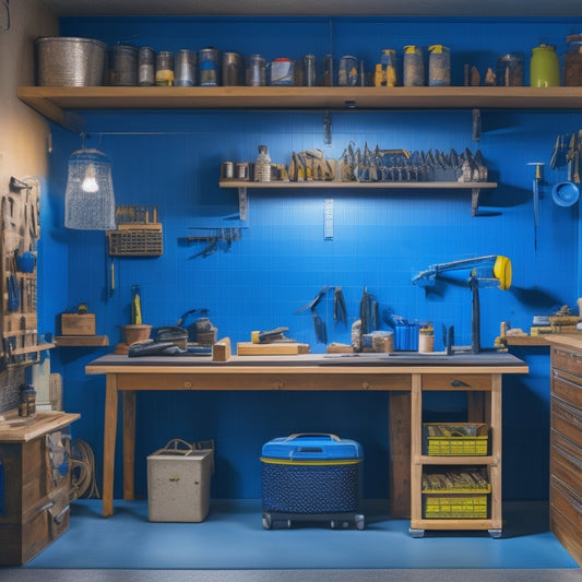 A well-lit, clutter-free workshop with a pegboard covered in neatly arranged tools, a rolling cabinet with labeled drawers, and a workbench with a built-in vice and a few select tools at the ready.