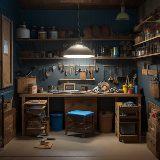 A clutter-free workshop with a wooden workbench, pegboard, and shelving units, surrounded by tools and materials, with a small trash can and a stool in the corner, lit by a single overhead LED light.