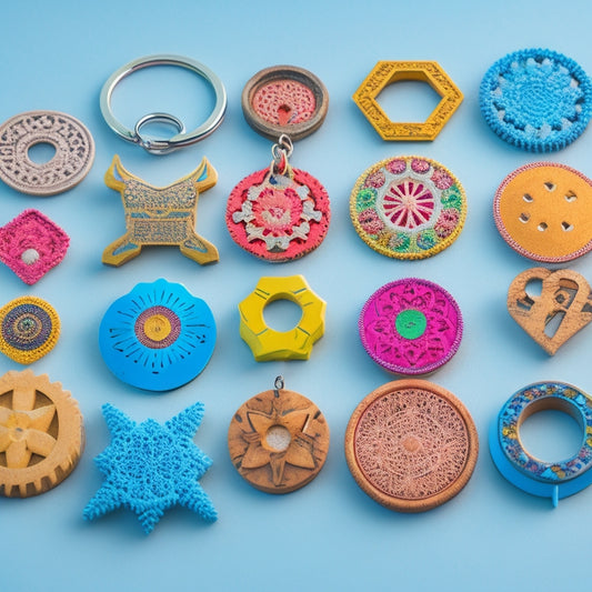 A colorful, layered composition of various laser-cut keychain designs, including shapes, symbols, and icons, arranged in a circular pattern on a white background, with subtle shadows and highlights.