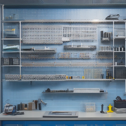 A modern, well-lit workshop with a sleek, silver Flextur Metal Pegboard covering an entire wall, hooks, bins, and tools organized and hanging in a visually appealing, symmetrical arrangement.