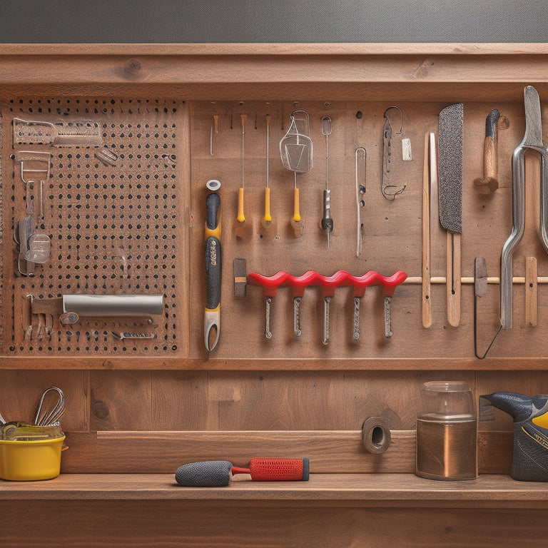 A clutter-free pegboard with a variety of hooks, bins, and holders, showcasing a hammer, pliers, screwdrivers, and other tools, with a subtle wood grain background and soft, warm lighting.