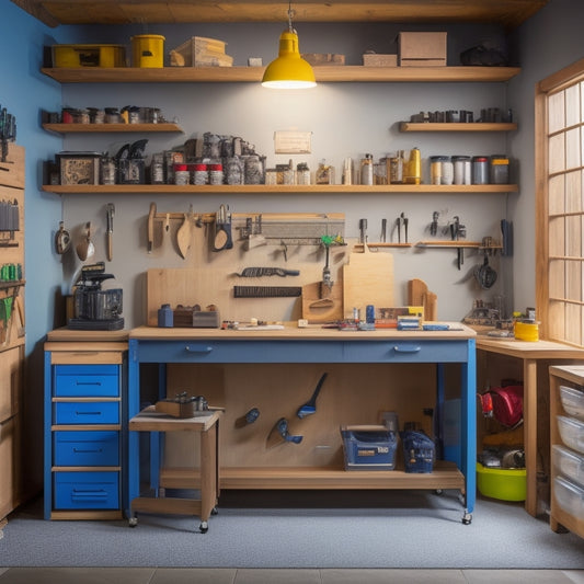 A well-organized home workshop with a sturdy workbench featuring built-in shelving, holding various tools and accessories, surrounded by a pegboard, cabinets, and a vice, under bright, warm lighting.
