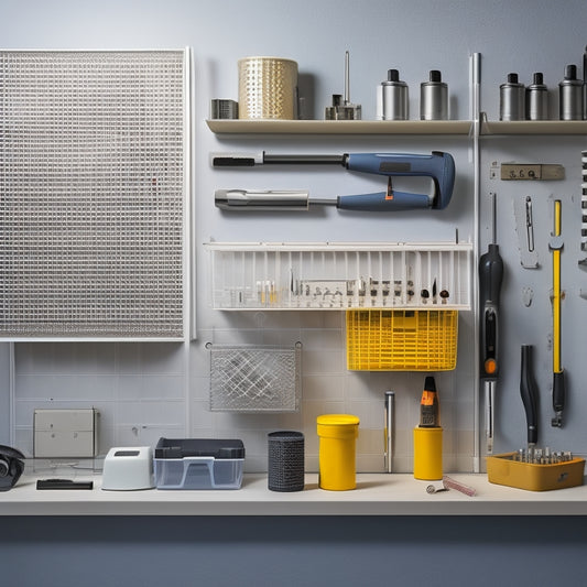 A pegboard with various tools and organizers, including a socket set in a labeled holder, a coiled hose attached to a hook, and a shelf with small parts bins, all against a clean, light-gray background.