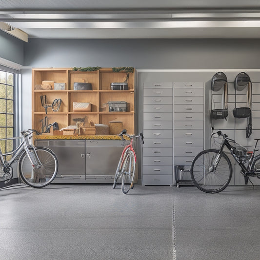 A clutter-free garage with sleek, silver cabinets, and a slatwall with hooks, baskets, and bins, surrounded by a polished concrete floor and a few strategically parked bicycles and a sports car.