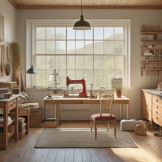 A bright, airy room with a large wooden sewing table at its center, surrounded by stylish storage units, thread-filled pegboards, and vintage sewing machines, bathed in warm, natural light.