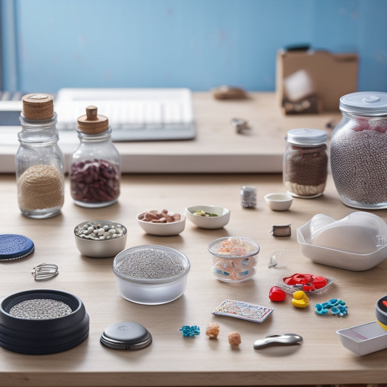 A tidy workspace with assorted small storage containers, each filled with tiny objects like buttons, safety pins, and beads, arranged on a wooden desk against a soft, white background.