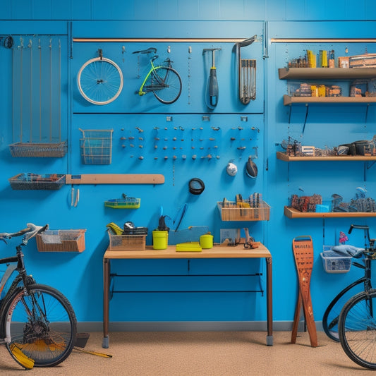 A clutter-free workshop with a large, wall-mounted pegboard displaying an array of neatly organized tools, bins, and accessories, with a few cleverly repurposed items like a magnetic strip and a bike hook.
