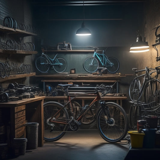 A dimly lit bike workshop with a row of five repair stands, each holding a different bicycle, surrounded by tools and parts, with a few bike wheels and frames hanging on the walls.