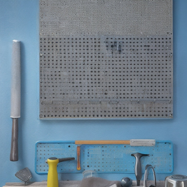 A metal pegboard with a grid of holes, mounted on a wall, holding various tools and accessories like hammers, screwdrivers, and baskets, with a subtle shadow and a clean, minimalist background.