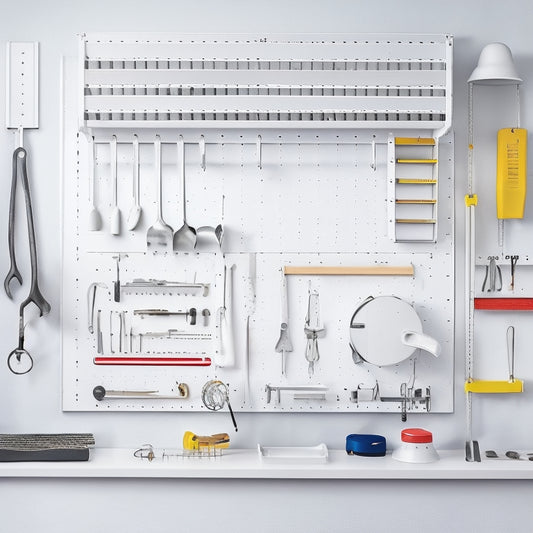 A clean white wall with a newly installed tool organizer rack, featuring 5 movable hooks, 3 small bins, and a large pegboard, surrounded by various tools and accessories in a tidy arrangement.