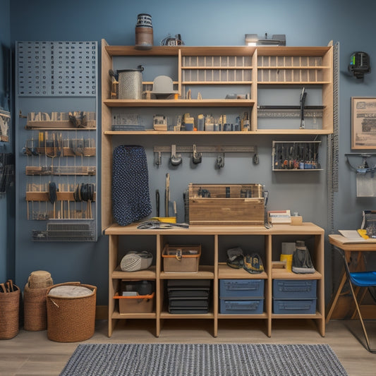 A clutter-free apartment with a neatly organized tool storage area, featuring a pegboard with hung tools, a rolling cabinet with labeled drawers, and a compact workstation with a vice and built-in storage.