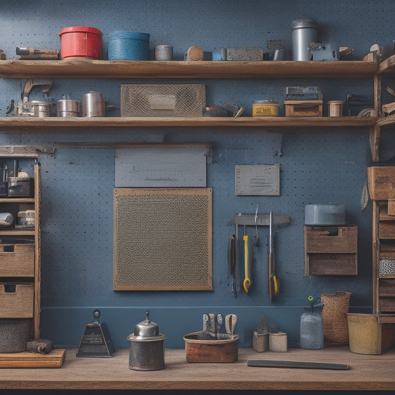 A clutter-free workshop with a pegboard displaying neatly hung tools, a wooden crate converted into a shelved storage unit, and a repurposed magnetic board holding small metal items.