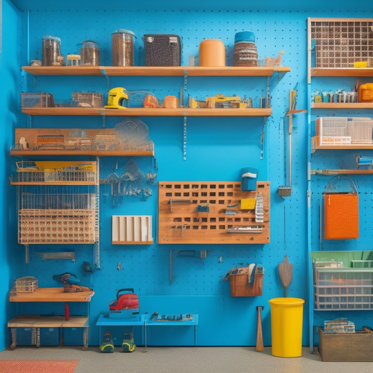 A well-organized workshop with a pegboard-covered wall, a compact workbench with built-in storage, and a sliding ladder leading to a lofted shelving unit, surrounded by neatly arranged tools and machinery.