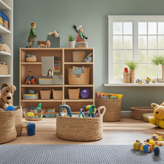 A clutter-free playroom with a large, wooden toy storage unit, wicker baskets, and labeled cubbies, surrounded by happy children playing with toys and a subtle background of a calm, natural landscape.