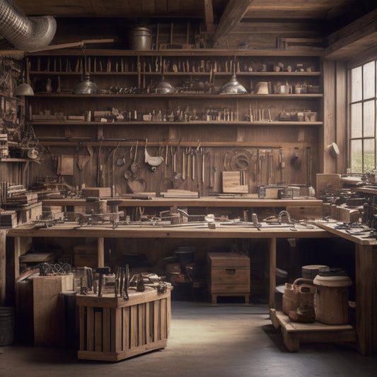 A wooden workshop with various tools and materials organized on shelves and tables, with a large wooden board in the center, divided into sections with measuring tapes and pencils.