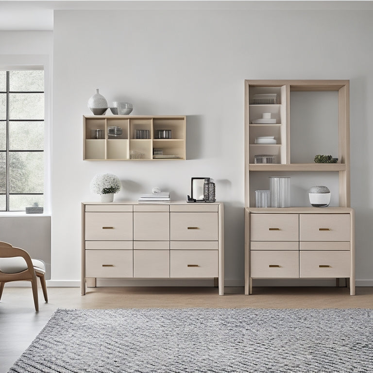 A minimalist, modern room with three distinct wall-mounted drawer storage systems: a sleek, horizontal unit with three soft-close drawers, a compact, vertical organizer with five small drawers, and a wooden, lattice-style cabinet with two large drawers.