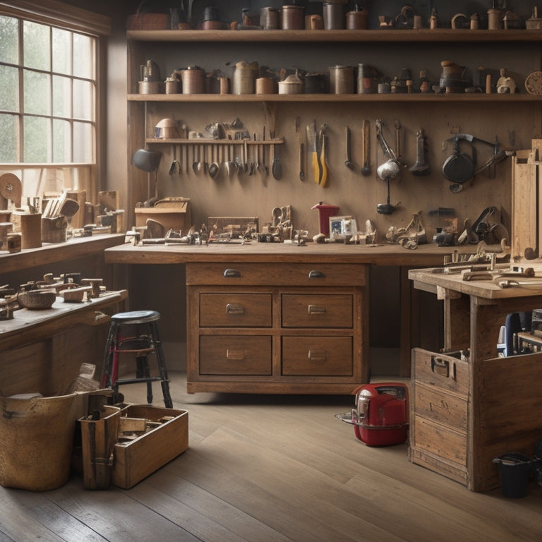 A clutter-free workshop with a sleek, wooden customized tool chest in the center, surrounded by neatly organized tools and a few scattered woodworking projects in various stages of completion.