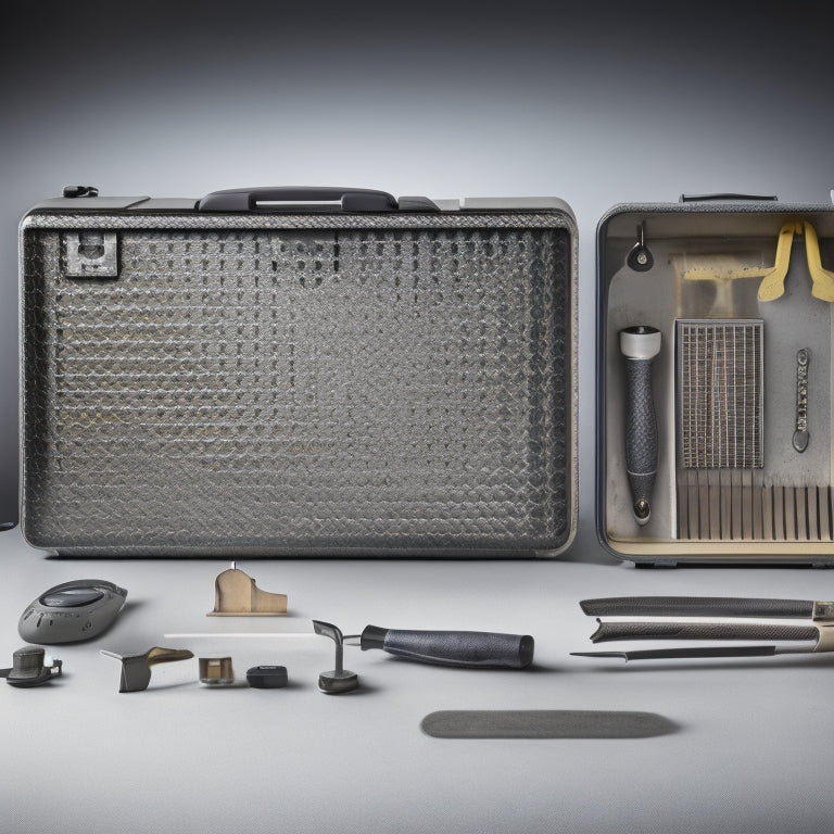 A clutter-free toolbox with a few, well-organized tools against a clean, light-gray background, with a subtle grid pattern and a few faint tool silhouettes in the foreground, suggesting simplicity and efficiency.