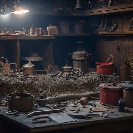 A cluttered workshop with scattered tools, wrenches, and screws overflowing from a rusty metal toolbox, surrounded by half-finished projects and tangled cords, with a dimly lit background.