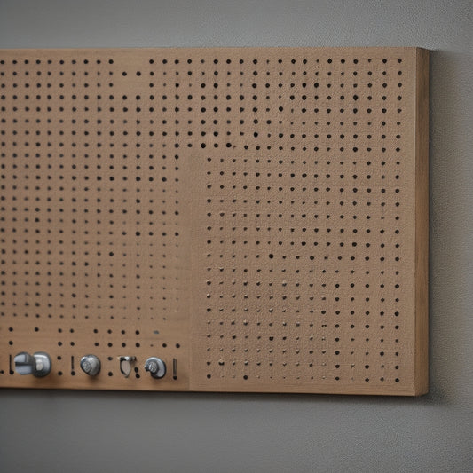 A close-up shot of a wooden pegboard with a subtle wood grain texture, featuring evenly spaced holes and a few metal hooks and bins attached, against a clean, light-gray background.