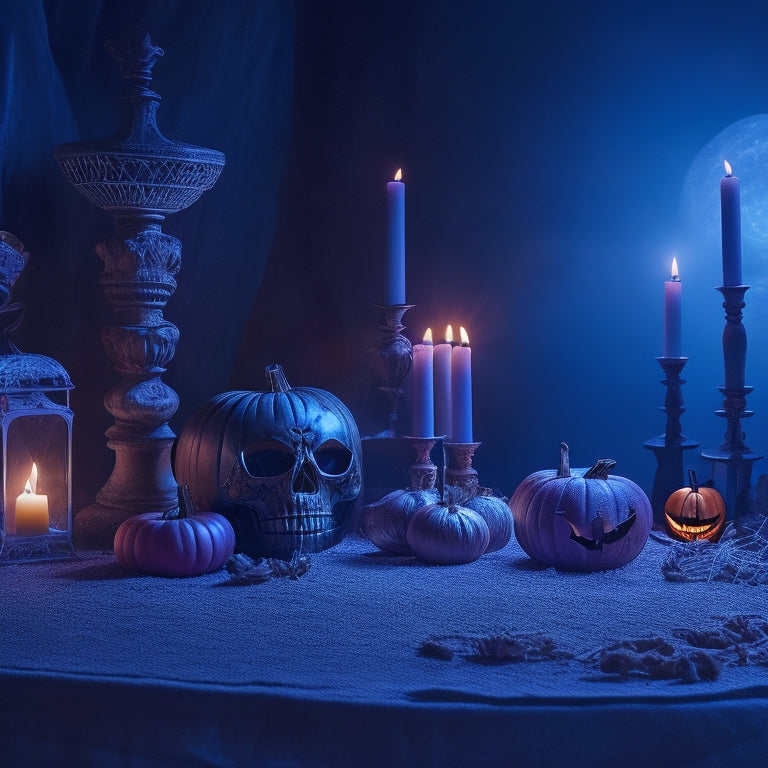 A dimly lit, eerie atmosphere with glowing skeletons surrounded by cobwebs, jack-o'-lanterns, and flickering candles, set against a dark, gradient blue-purple background with subtle moonlight shadows.