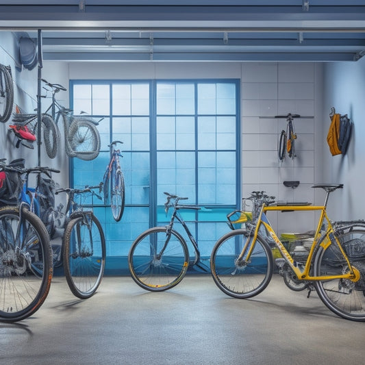 A clutter-free garage interior with 5-6 bicycles of various sizes hanging from sturdy, sleek hooks mounted on a gray concrete wall, with ample space between each bike.