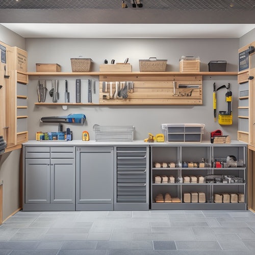 A well-organized garage interior with wall-mounted shelves, slatwall panels, and cabinets in a neutral color scheme, featuring a workbench with a vice and a few tools, surrounded by labeled bins and baskets.