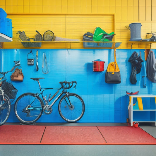 A colorful, modern garage with a large, wall-mounted pegboard featuring various hooks, bins, and accessories, surrounded by bicycles, tools, and baskets, with a sleek, silver sports car in the background.
