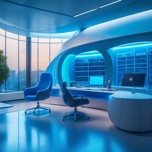 A futuristic, sleek office interior with a large, curved screen displaying a digital bookshelf, surrounded by minimalistic workstations and ergonomic chairs, lit by soft, neon-blue ambient lighting.