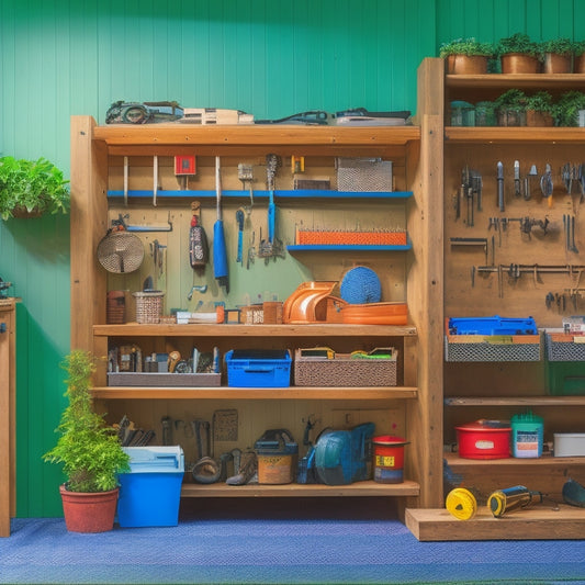 A clutter-free workshop with a pegboard adorned with neatly organized landscaping tools, a set of labeled hooks holding keys, and a compact storage chest with a small lock in the corner.