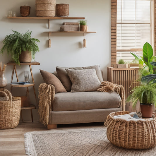 A tidy living room with a repurposed wooden crate coffee table, woven baskets on a shelf, and a DIY macrame plant hanger, set against a calming beige background with plenty of natural light.