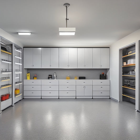 A well-organized garage with a sleek, silver ceiling storage unit installed above a row of three, gleaming, silver garage cabinets, surrounded by a clean, gray concrete floor and bright, white walls.