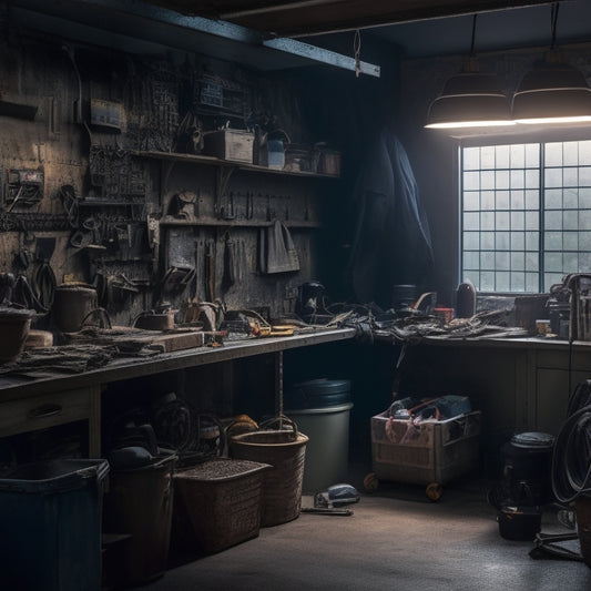 A dimly lit garage interior with cluttered shelves, scattered tools, and a tangled mess of cords and wires, contrasted with a small, tidy section in the corner, illuminated by a single ray of light.