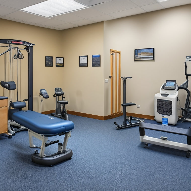 A tidy physical therapy room with labeled storage bins, a neatly arranged treatment table, and strategically placed equipment, such as a stationary bike, exercise balls, and resistance bands.